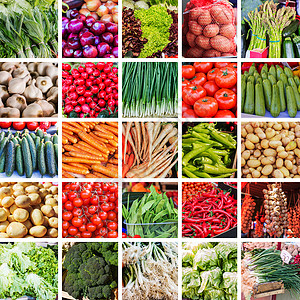 农民市场上各种健康食品的新鲜蔬菜和拼贴图片