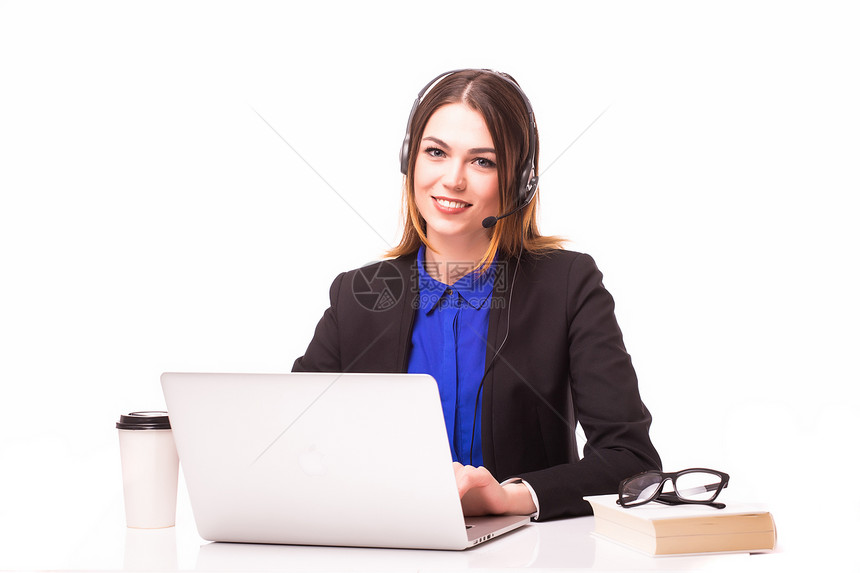 快乐笑容的女客户在工作场所支持电话图片