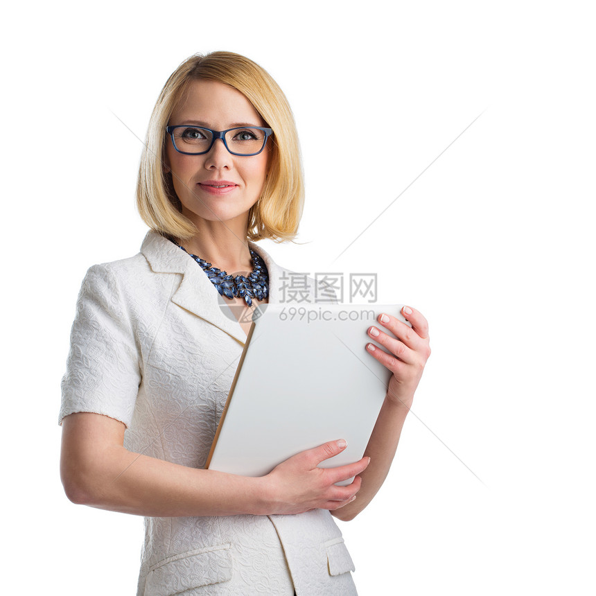 带着石板戴眼镜的年长商业女郎图片
