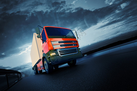3d举例说明日落时沥青公路高速公路上的橙色半卡车运输背背景图片