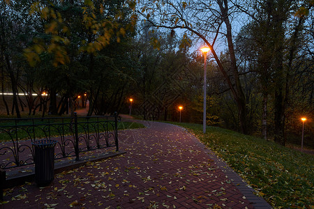 公园的暮光之城和带有星光滤镜效果的路灯在莫斯科Babushkinskiy区的Yauza背景图片