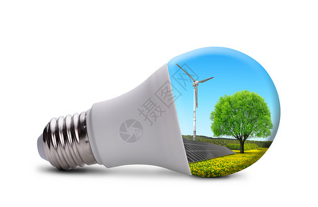 生态LED灯泡太阳能电池板和风力涡轮图片