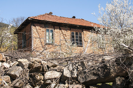 在倒塌的石墙后面建造农村庄房屋的图片