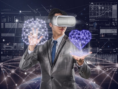 身戴虚拟现实眼镜VR技术概图片