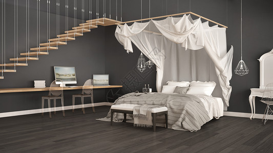 温薄灰色卧室的树冠床背景图片
