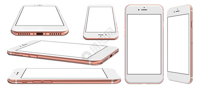 一套六部玫瑰金色智能手机空白的屏幕和隔离背景图片
