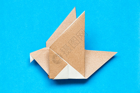 蓝色背景上飞鸟形状的棕色折纸图片