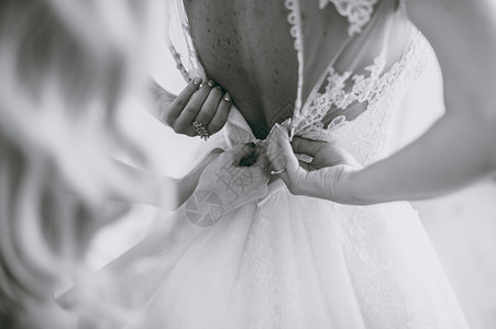 时尚的伴娘礼服在婚纱新娘的背上图片