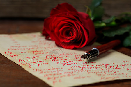 红玫瑰和一根墨笔在图片