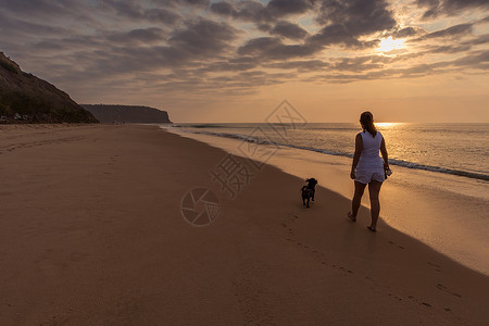 女孩和狗一起在沙滩图片