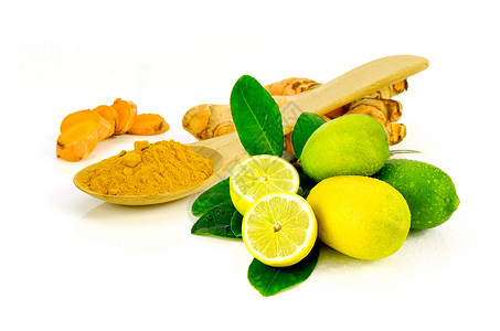 Lemon和TurmericCurcumalongaL替代药物斯帕产品和背景图片