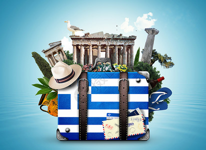 希腊带有希腊地标的老式手提箱图片