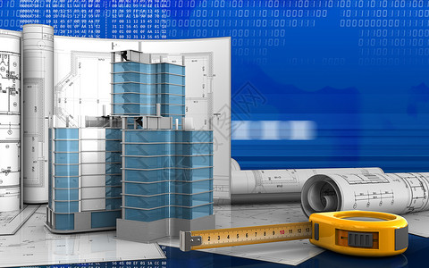 3d以数字背景图纸绘制的城市季度建筑图片