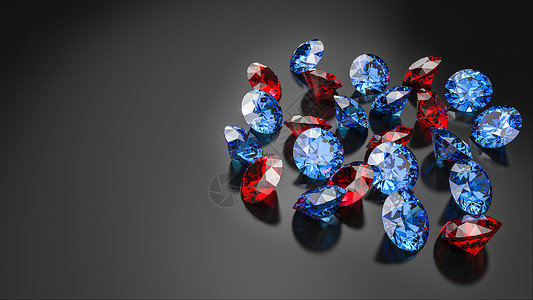黑色背景上的红宝石和蓝色海洋钻石图片