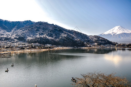 秋天的富士山河口湖雪景背景图片