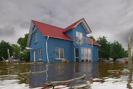 3d洪水淹没的蓝色房屋图片