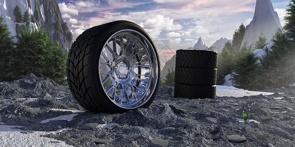 雪山的冬季轮胎汽车服务和轮胎装配的概图片