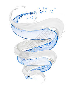 飞溅的水和牛奶在白色背景上扭曲成螺旋状图片