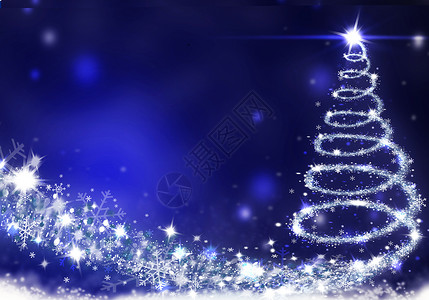 由星背景蓝色雪图形成的圣诞树灯图片