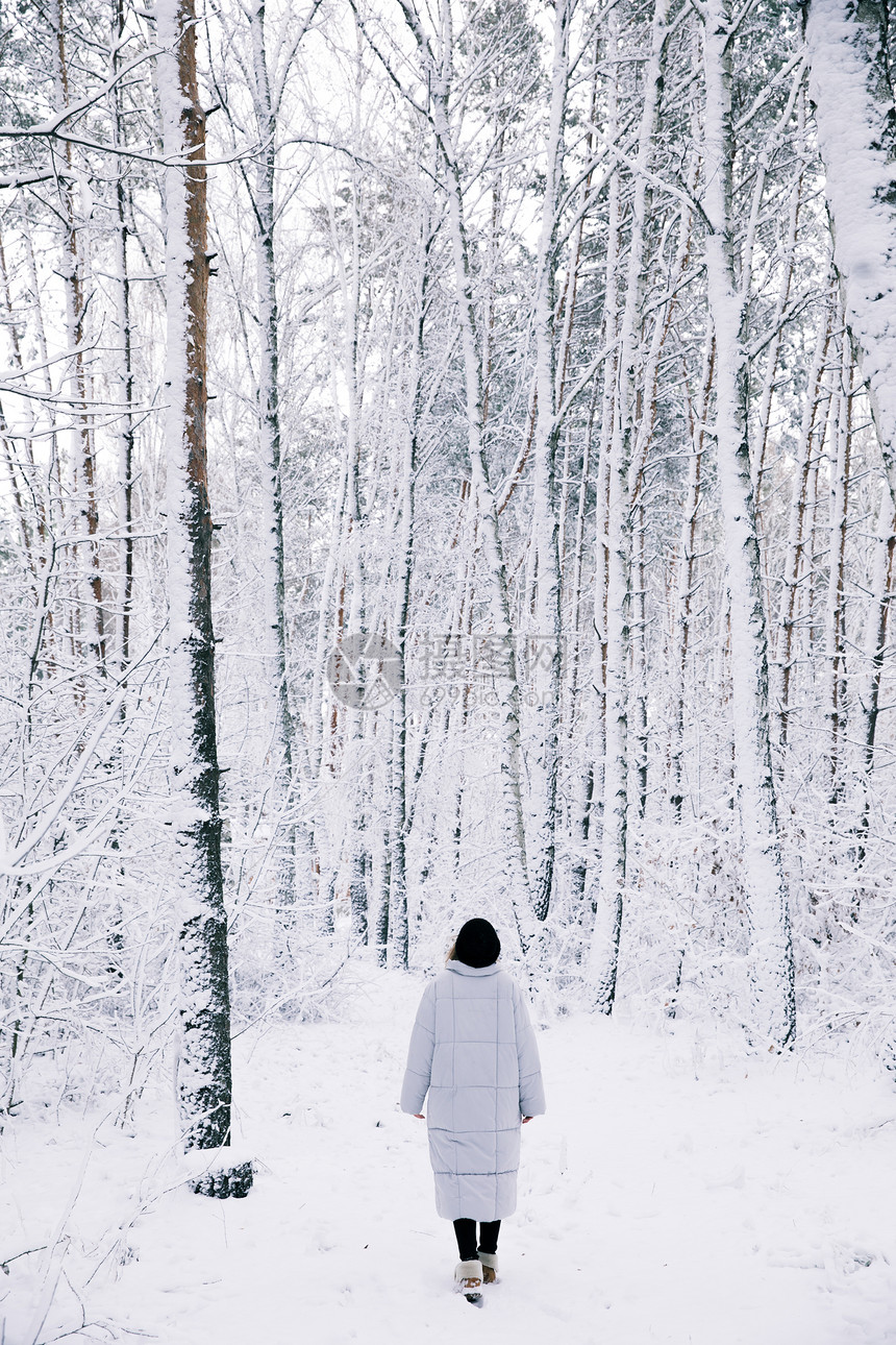 走在白雪皑的森林里的女人的背影图片