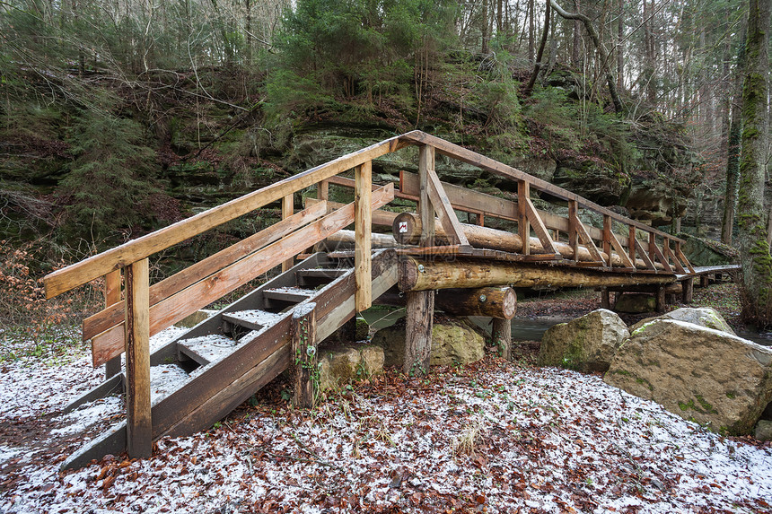 在卢森堡的树林里有一座木制步行桥图片