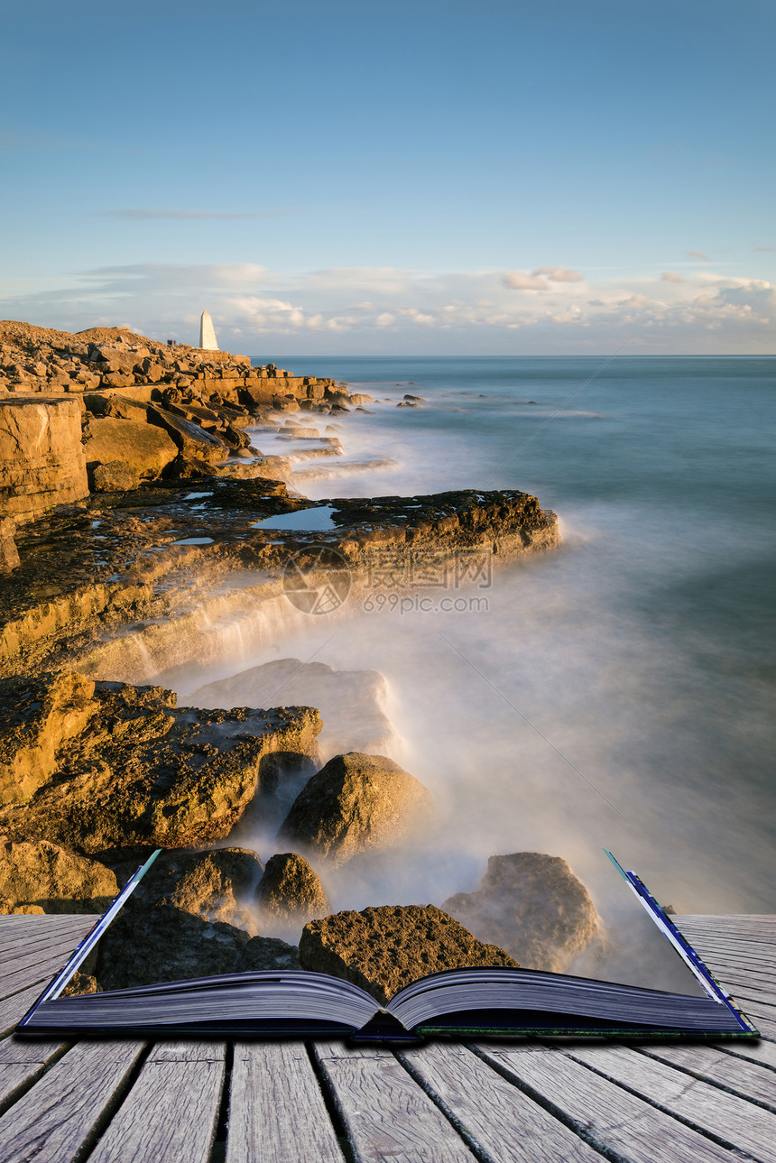 Dorset英格兰波特兰比尔岩石的美丽日落风景图图片