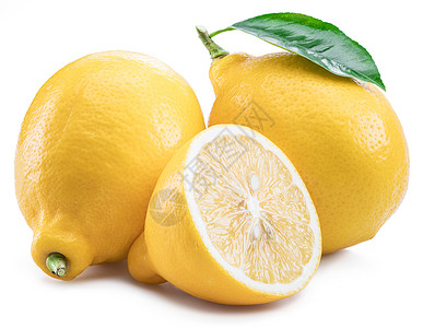 成熟的柠檬水果与白色背景上的柠檬叶背景图片