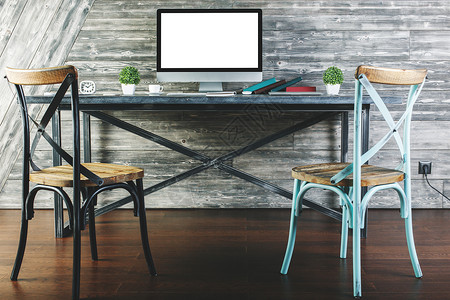 带有创意设计师桌面和空白电脑屏幕的木器内装室内设计和生活方式概念M图片