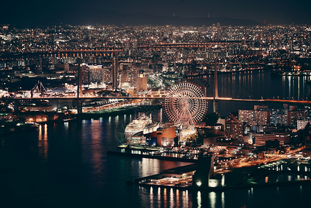 夜屋顶视图的大阪都市城日本图片