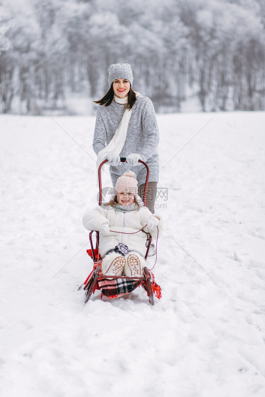 冬季公园里拉雪橇的女人图片