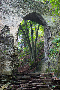 树林中的石城堡大门有图片