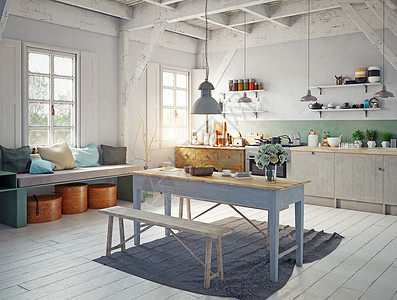 以中间的木板桌和窗户旁边枕头的长椅为主的厨房内图片