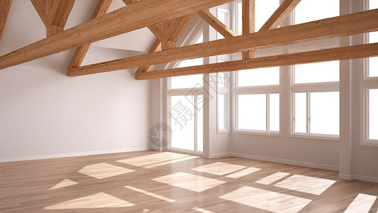 豪华生态屋面板地和木屋顶的空房间全景大窗现代白色建筑室内设图片