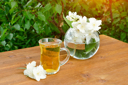 透明的茶杯和有茉莉的花瓶背图片