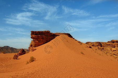 红色沙漠悬崖背景是沙坡和蓝云天空图片