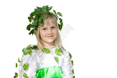 小可爱女孩的肖像春林仙女服上带着树叶的婴儿孩子是大自然的格图片