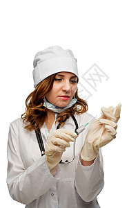 身穿白色医疗服装的年轻聪明女医生手持医疗设备图片