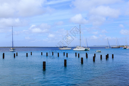 博内尔岛木桩之外的白色帆船背景图片