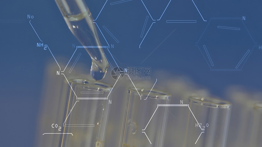 实验室科学家用吸管分析和提取试管中的DNA或分子的特写在蓝色背景上图片