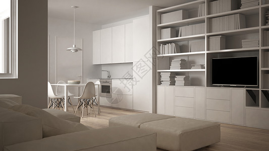 极简主义配有沙发厨房餐桌和椅子大窗户白色现代图片