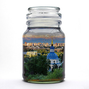 玻璃罐中的景观保护双重曝光基辅第聂伯河维杜别茨基修道院图片