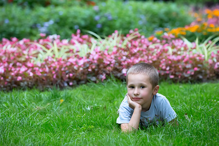 一个小男孩躺在花丛中的草地上满意的孩子一个孩子躺图片