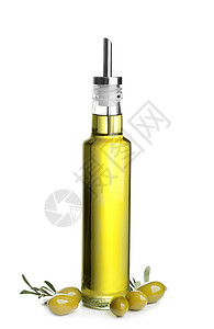 白色背景上装有橄榄油的瓶子图片