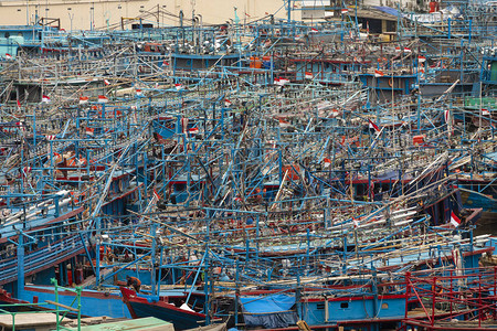数百艘鱿鱼渔船停靠在印度尼西亚雅加达港口图片