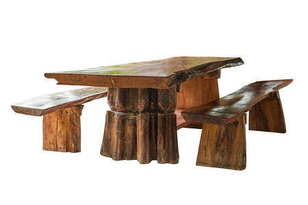 花园桌椅由白板上隔绝的木头制成用背景图片