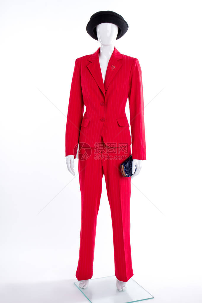 女士的红色正式风格西装女士红色西装外套裤子和黑色配饰优图片