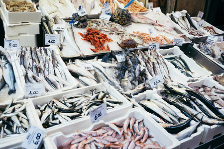 海产食品市场鲜鱼成篮子许多种类图片