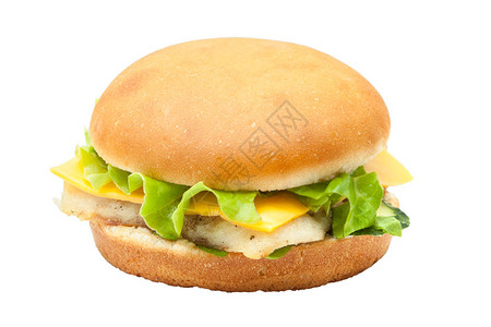 白色背景生菜沙拉的美味鱼汉堡图片