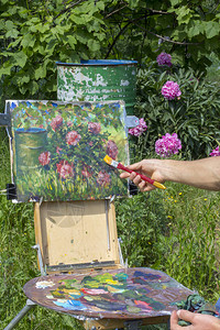 男艺术家在pleinair上画粉红色牡丹画在大自然上美丽的牡丹花图片