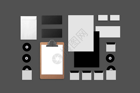 空白公司ID设置在灰色背景上包括名片文件夹平板电脑信封a4信笺笔记本闪存铅笔CD磁盘和智能手背景图片